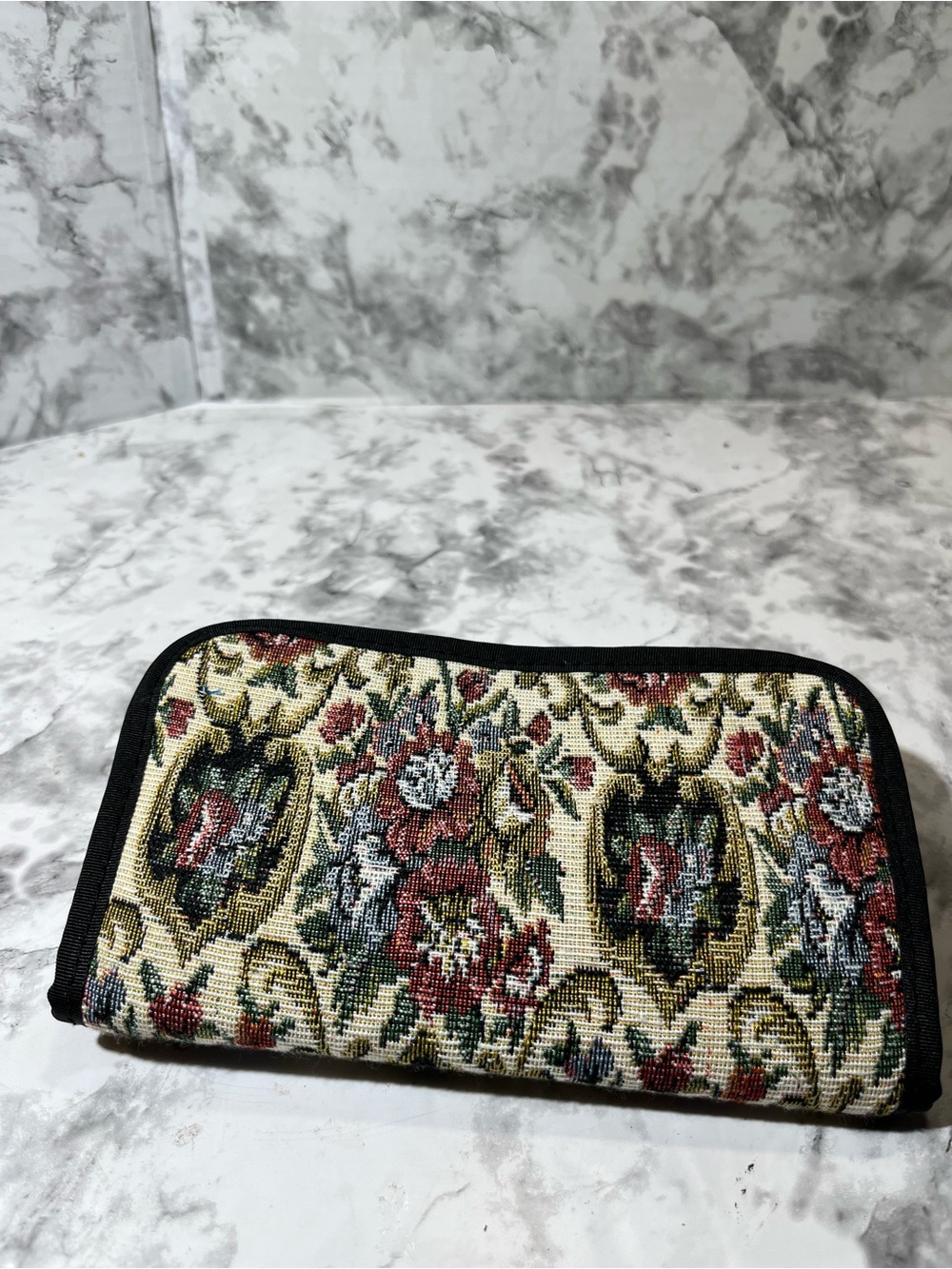 Vintage Floral Tapestry & leather Zip Wallet - Checkbook pullout NOS